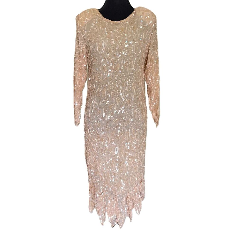 Vintage Lillie Rubin Blush Pink Silk Beaded Sequin Dress Sz S Handkerchief Hem
